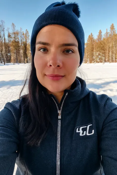 a close up of a woman in a blue jacket and a black hat