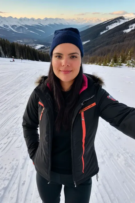 woman in black jacket and blue hat taking selfie on ski slope