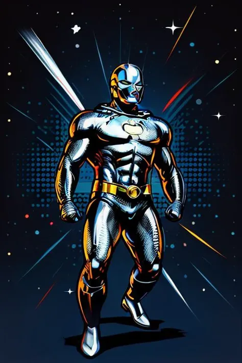 1man,  <lora:pop_art_v2:1>, pop art, (masterpiece), superhero, silver bodysuit, large helmet, athletic body