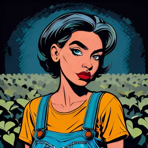 <lora:popart-futurist:0.8>, pop art, woman wearing Dungarees and striped tee, <clip:skip:2>, masterpiece, 8k, high resolution, shallow depth of field, sharp focus