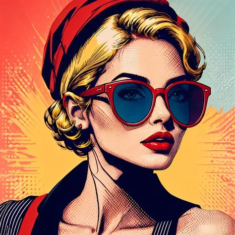 pop art, 
1girl, solo, upper body, sunglasses, short hair, blonde hair,   red lips, looking at viewer, 
 <lora:pop_art_style_v11:0.7>