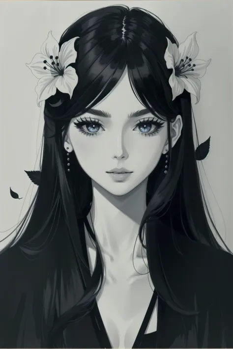 1girl, solo, flower, long hair, traditional media, monochrome, lips, leaf, looking at viewer, hair flower, eyelashes, portrait, hair ornament, acrylic paint (medium), painting (medium)