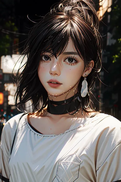 (masterpiece, best quality),  intricate details, 8k, artstation, wallpaper, official art, splash art, sharp focus, 
 1girl, solo,    <lora:MomoAyase:0.8>  white shirt, choker, earrings, 
 Asian-Less-Toon