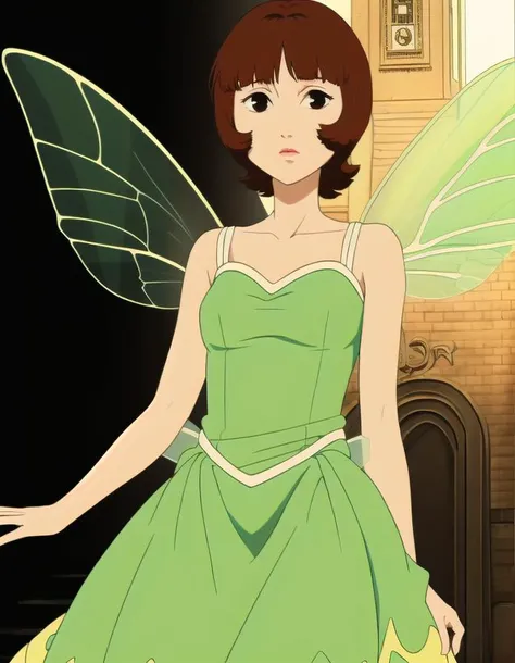 <lora:P4pr1ka:0.9> p4pr1ka woman standing, 1girl, short hair, red brown hair, black eyes, looking at the viewer, beautiful,  anime art style, lightrays, hd, wearing fairy dress, green dress, wings,