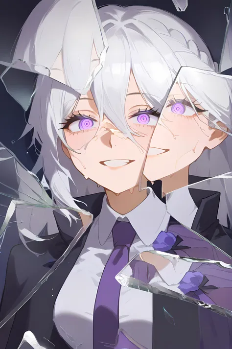 anime girl with white hair and purple eyes looking at the camera