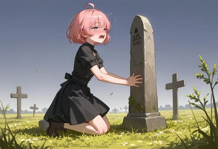 score_9,score_8_up,score_7_up, 1girl, light pink hair, short hair , ahoge, midium breasts, 
sables, full body, (tombstone:0.7) , crying, field, tears, mourning clothes, midium breasts, black dress, blue eyes,  crying with eyes open, (solo:1.2), half-closed...