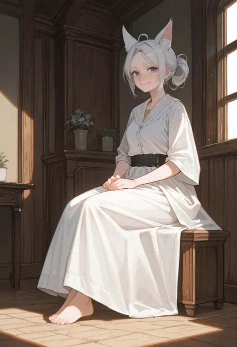 score_9,score_8_up,score_7_up, 1girl, (animal ears:1.5), white hair, ponytail, straight hair , ahoge, midium breasts, clothes, simple background, closed mouth, full body, (indoors:1.2), blue eyes,  smile, (old lady:1.5), (solo:1.2), (older granny:1.2), wri...