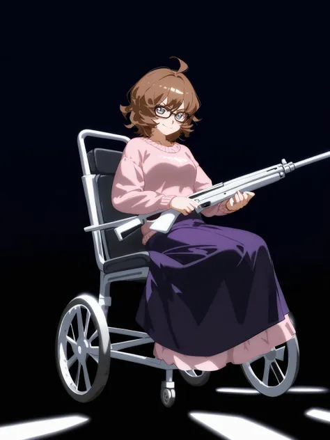 a woman in a wheelchair with a gun in her hand