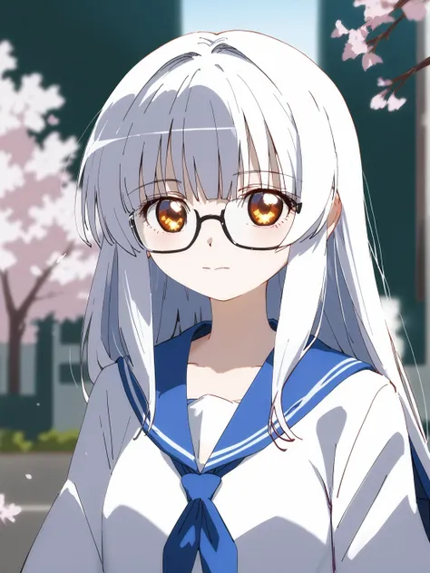 anime girl with glasses and a blue dress in front of a tree