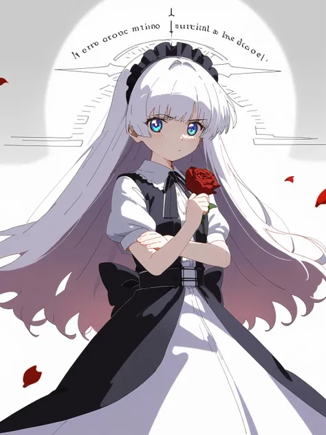 anime girl with long white hair and blue eyes holding a rose