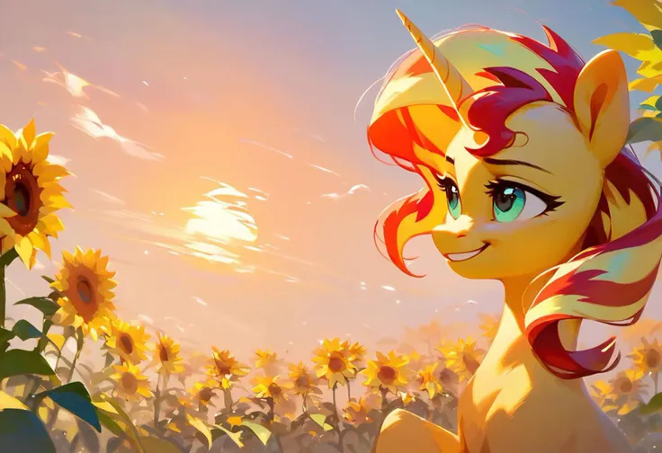 score_9, score_8_up, score_7_up, score_6_up, score_5_up, score_4_up,( thick outline body: 1.2), Unicorn Sunset Shimmer, Sunflower, sunset, day, outside, smiling, moving, solo, effect sun bleack,