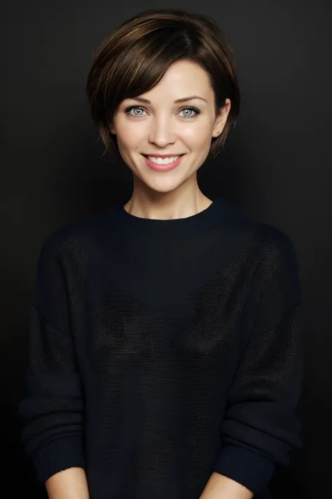 <lora:DanniiMinogueSD-000001:0.8> danniiminogue, looking at viewer, short hair, dark hair, smile, sweater, black background, realistic, lines, wrinkles, brown skin, dark blue eyes,