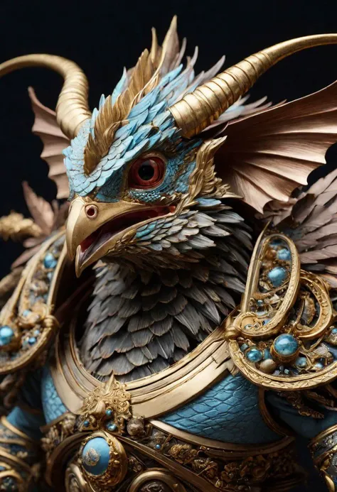 a close up of a statue of a dragon with a gold and blue head