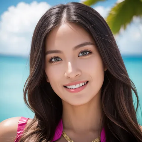 a woman in a pink top and gold necklace standing in front of the ocean