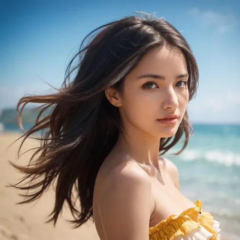 a close up of a woman with long hair on a beach