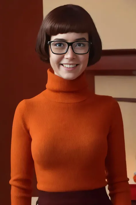 <lora:velma:0.8>,velma,1girl,short hair,brown hair,glasses,orange sweater,freckles,smile,breasts,turtleneck sweater,orange shirt,black-framed eyewear,pleated skirt,hair bow,looking at viewer,nipples,realistic,