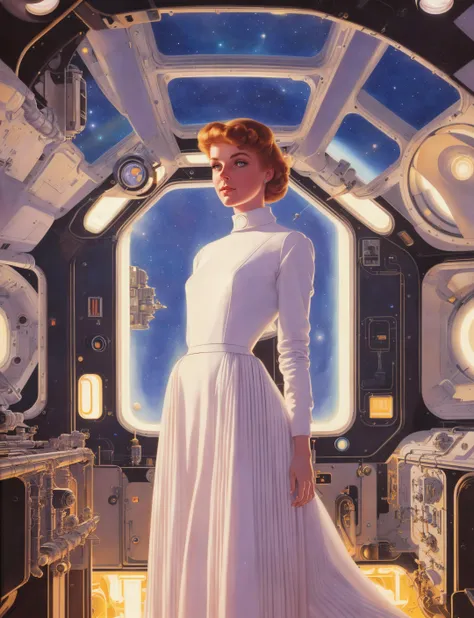 Best quality, illustration, detailed, 4k, retro science fiction, sci-fi, 60s style, Young beautiful 18-year-old woman, elegant, medium shot, (retro futuristic clothes:1.1), space station interior, illuminator, (art by Albert Lynch:1.2)