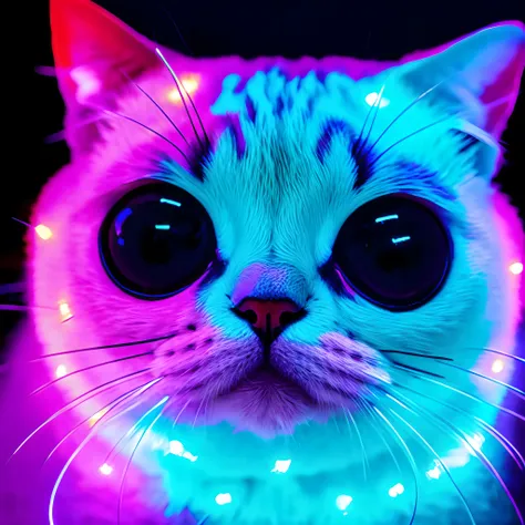 a close up of a cat with glowing eyes and a collar