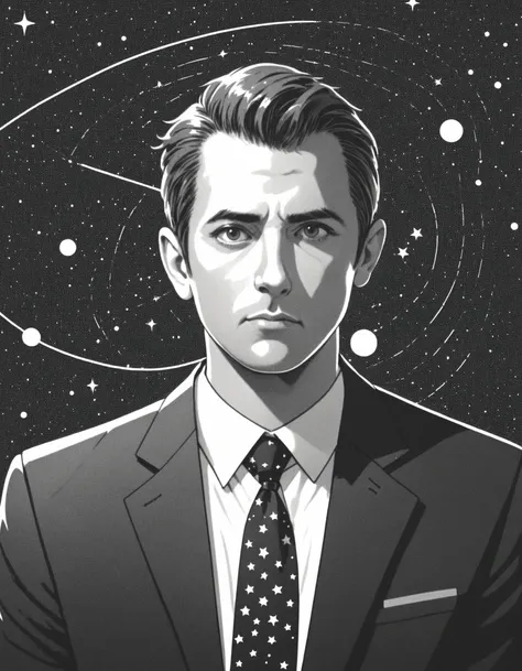 a man in a suit and tie standing in front of a space background