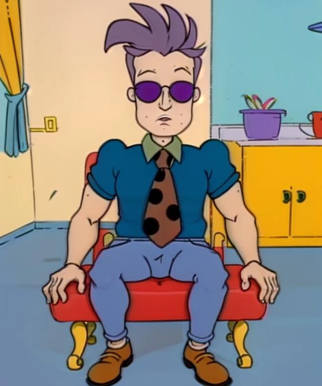 <lora:Stu Pickles - V11:0.75> stu_pickles, dark blue hair, short messy hair, stubble, light skin, red tie with black p, olka_dot, full_body, sitting,  <lora:johnnyBravo1:0.8> johnny bravo, solo, boy, sunglasses, shirt, black shirt, pants, muscular, denim, ...