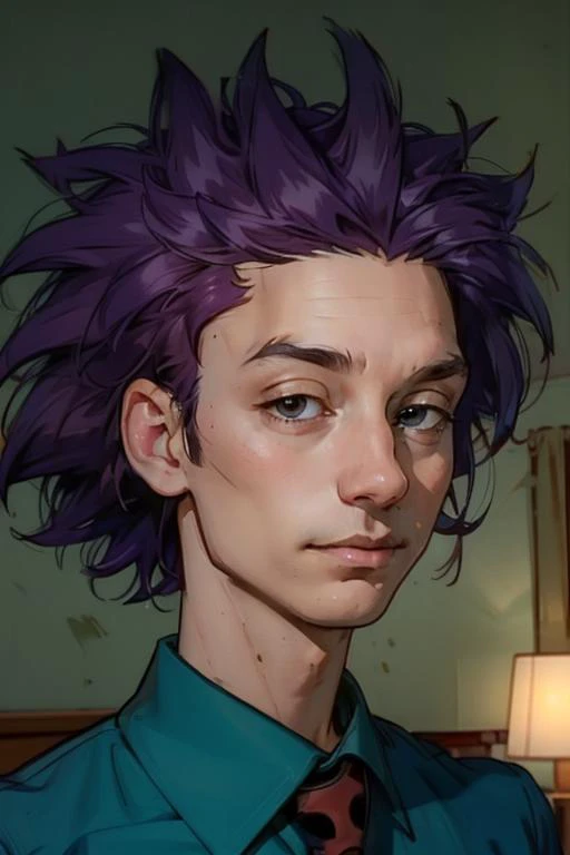 <lora:Stu Pickles - V1:0.9> stu_pickles, 1boy, dark blue hair, short messy hair, stubble, black eyes, light skin, long sleeves, dark blue, buttondown shirt, green undershirt, red tie with black polka_dot, middle aged, fcPortrait_Force_Portrait, portrait, c...