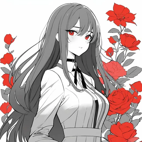 taluopai,1girl,solo,dress,flower,choker,solid color,red highlights long hair,suit grayscale,border , <lora:taluopai:SD>