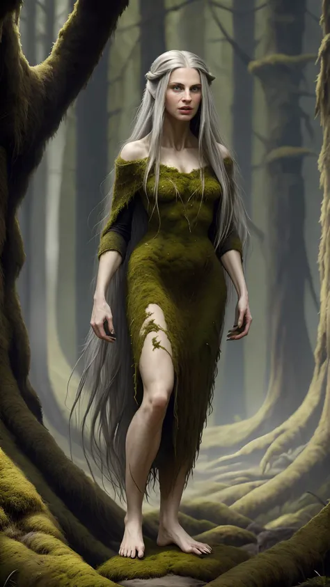 a woman in a green dress standing in a forest