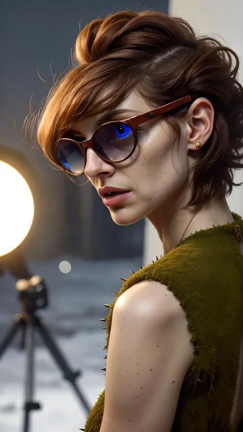 a close up of a woman with glasses and a camera