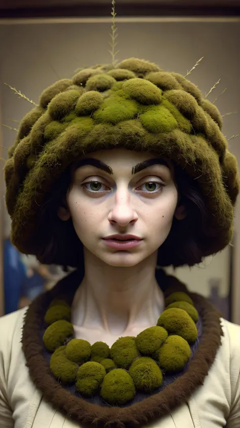 a close up of a woman wearing a moss hat and a necklace