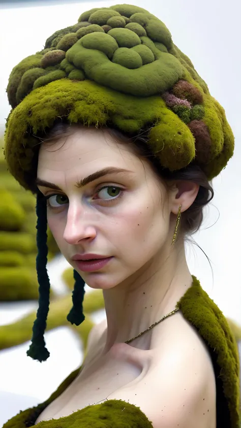 a close up of a woman wearing a green hat with moss on it