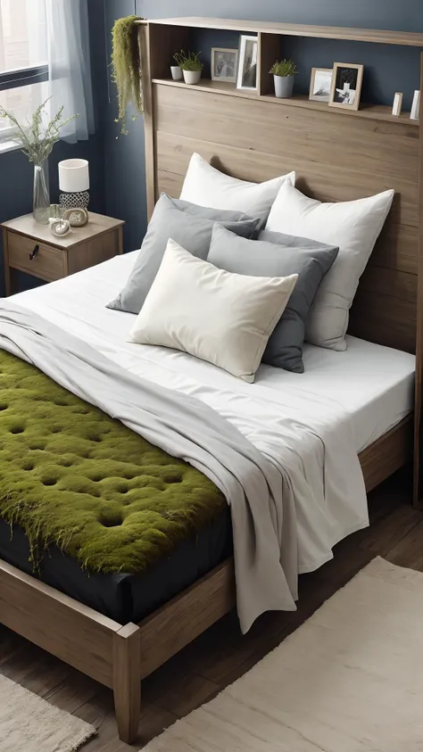 arafed bed with a green ottoman and a white blanket