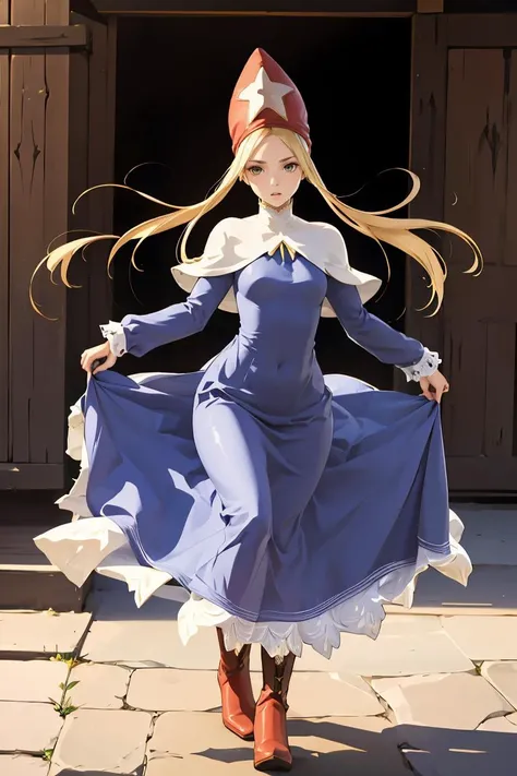 (masterpiece, best quality), 1girl, <lora:FinalFantasy_FemaleTimeMage:0.8> TimeMageFFT, blonde hair, long hair, sidelocks, hat,((long dress)), capelet, boots,