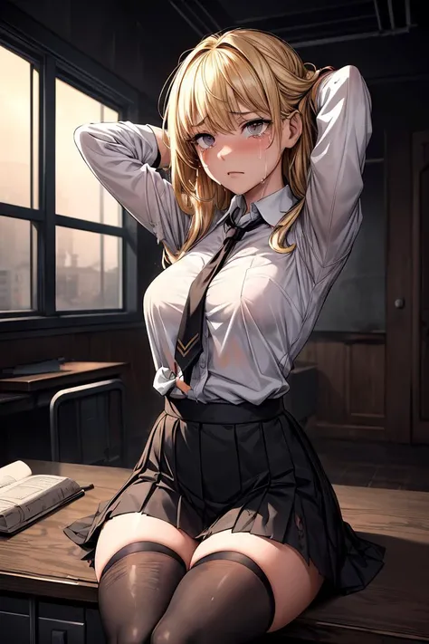 (masterpiece, best quality), 1girl, solo,sitting on a desk, beautiful face, blonde hair, torn clothes, torn legwear, dark school uniform, black thighhighs, moldy room, scared,crying, terrified face, itricate details, tied arms behind head, dark atmosphere,...