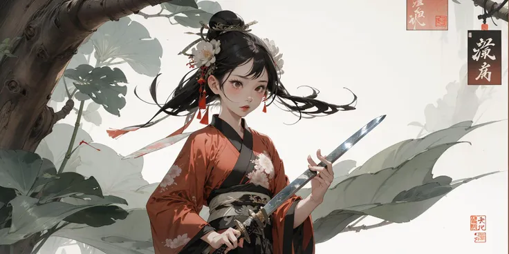 1man,1girl,  weapon, sword,flower,  <lora:tangbohu_xia:1> hanfu,chinese painting,huaniao,guzhen,