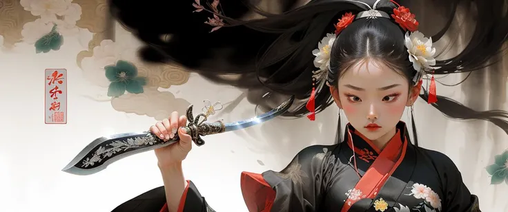 1man,1girl,  weapon, sword,flower,  <lora:tangbohu_xia:1> hanfu,chinese painting,huaniao,guzhen, intricate design, (insanely detailed:1.1), (fine details:1.1),(sharp lines:1.1),(unbelievable:1.2),(amazing:1.2),