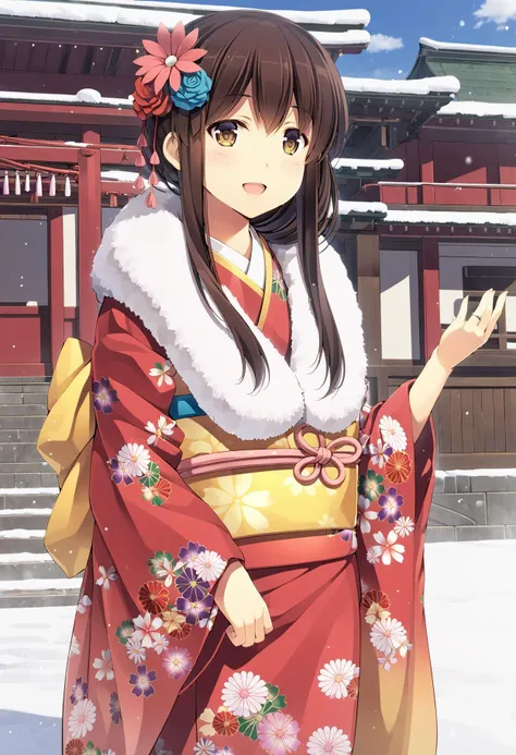 1girl, akagi (kancolle), kantai collection, ((yuzu modoki)), red kimono, obi, floral print, print kimono, long sleeves, wide sleeves, furisode, natural lighting,  (masterpiece, best quality), outdoors, detailed scenery, winter, snow, (3d render:0.5), highl...