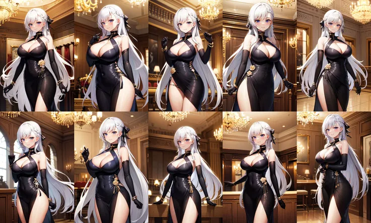 masterpiece, best quality, highres, aabelfast, long hair, french braid, hair ribbon, black ribbon, gold chain, cleavage, bare shoulders, halter dress, bracelet, elbow gloves, black gloves, <lora:belfast_(azur_lane)_v1:0.7>, indoors, chandelier, standing, c...