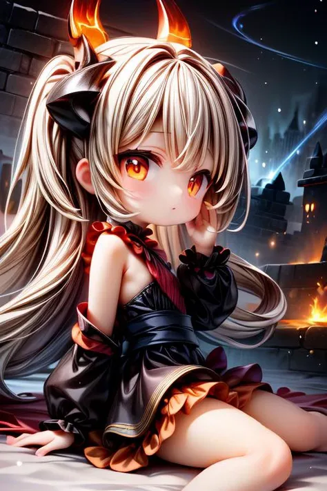 a girl with long hair sitting on the ground with fire in her eyes