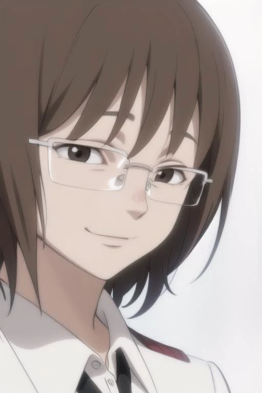 <lora:yondemasuyo_azazelu_san2:1>
osanai, 1boy, solo, looking at viewer, smile, short hair, brown hair, simple background, shirt, brown eyes, closed mouth, white shirt, glasses, collared shirt, black eyes