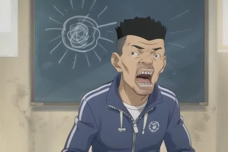 <lora:yondemasuyo_azazelu_san2:1>
pe teacher, solo, open mouth, black hair, 1boy, long sleeves, holding, jacket, upper body, male focus, teeth, parody, blue jacket, wide-eyed , classroom, chalkboard, shouting, scene reference, shinai