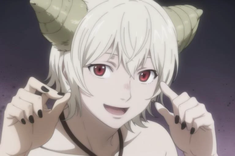 <lora:yondemasuyo_azazelu_san2:1>
inkub, solo, looking at viewer, smile, short hair, open mouth, red eyes, 1boy, white hair, male focus, horns, nail polish, parody, black nails, style parody, sheep horns