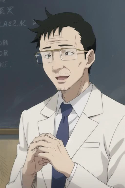 <lora:yondemasuyo_azazelu_san2:1>
professor, solo, smile, open mouth, black hair, 1boy, upper body, male focus, necktie, glasses, parody, formal, suit, own hands together, chalkboard