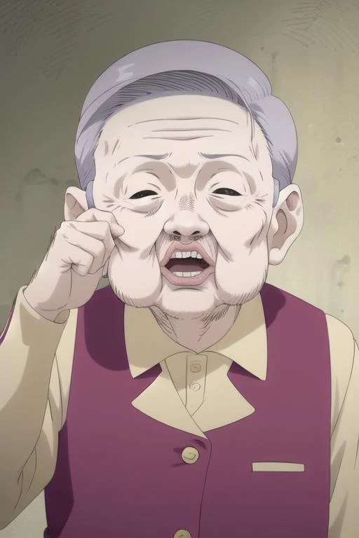 <lora:yondemasuyo_azazelu_san2:1>
landlord, solo, open mouth, 1boy, closed eyes, upper body, male focus, grey hair, vest, parody, hand on own face, mustache, old, old man, wrinkled skin