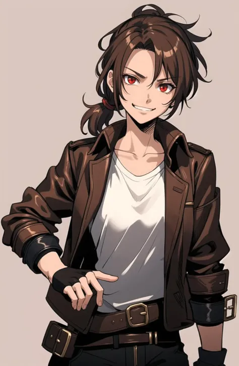 tomboy, tall, brown hair, brown medieval jacket, white shirt, short ponytail, smirk, fingerless gloves, confident pose,red eyes, messy hair, tan