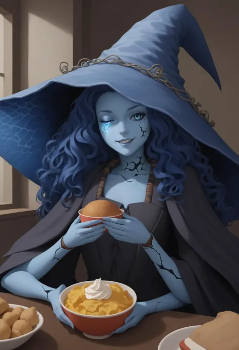 a close up of a cartoon character holding a bowl of food