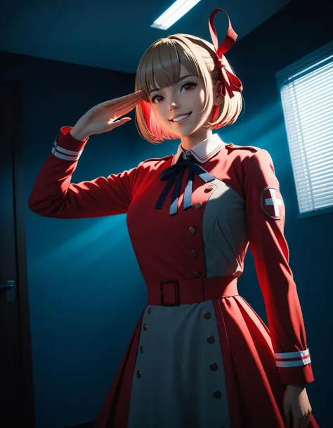 anime - style woman in red and white dress posing in a room