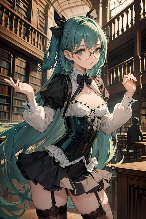 (masterpiece, best quality), 1girl, small breasts, small hips, green eyes, blue hair, black corset, lace skirt, garter belt, black legwear, old library, petite, glasses,