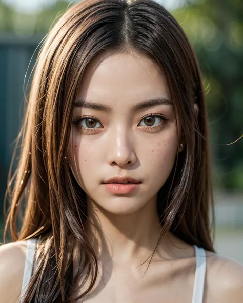 a close up of a woman with long hair and a white tank top