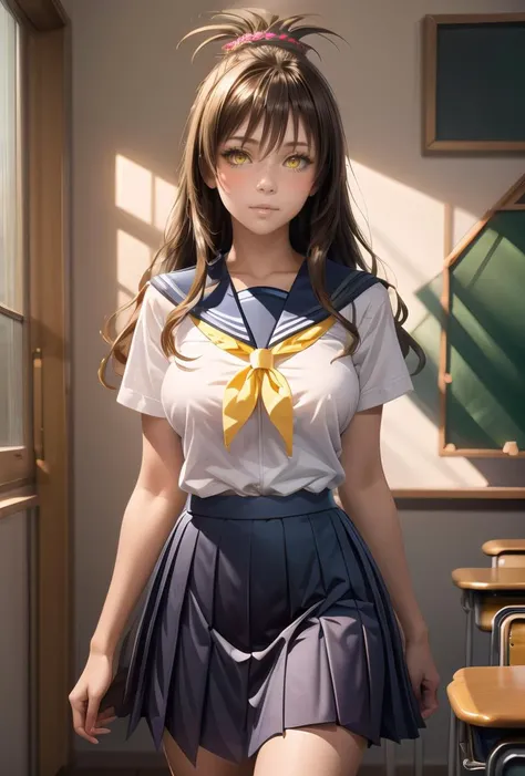 (masterpiece, best quality), 1girl,    <lora:çµå ç¾æ Mikan Yuki (To LOVE Ru):0.8> mikan_a, brown hair, yellow eyes, hair ornaments, long hair, topknot, wavy hair, , sailor school uniform, sailor collar, plead skirt,