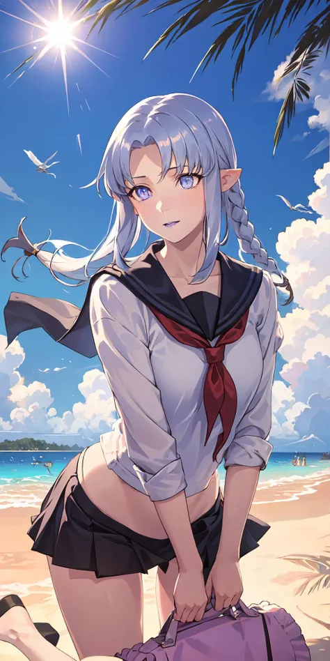 (masterpiece, sidelighting, finely detailed beautiful eyes: 1.2), glowing eyes, shiny hair, lustrous skin, solo, sailor collar, sailor shirt, ocean, beach, lens flare, <lora:Medea:1>, MedeaCas, water,  blue eyes, purple lips, braid, pointy ears,